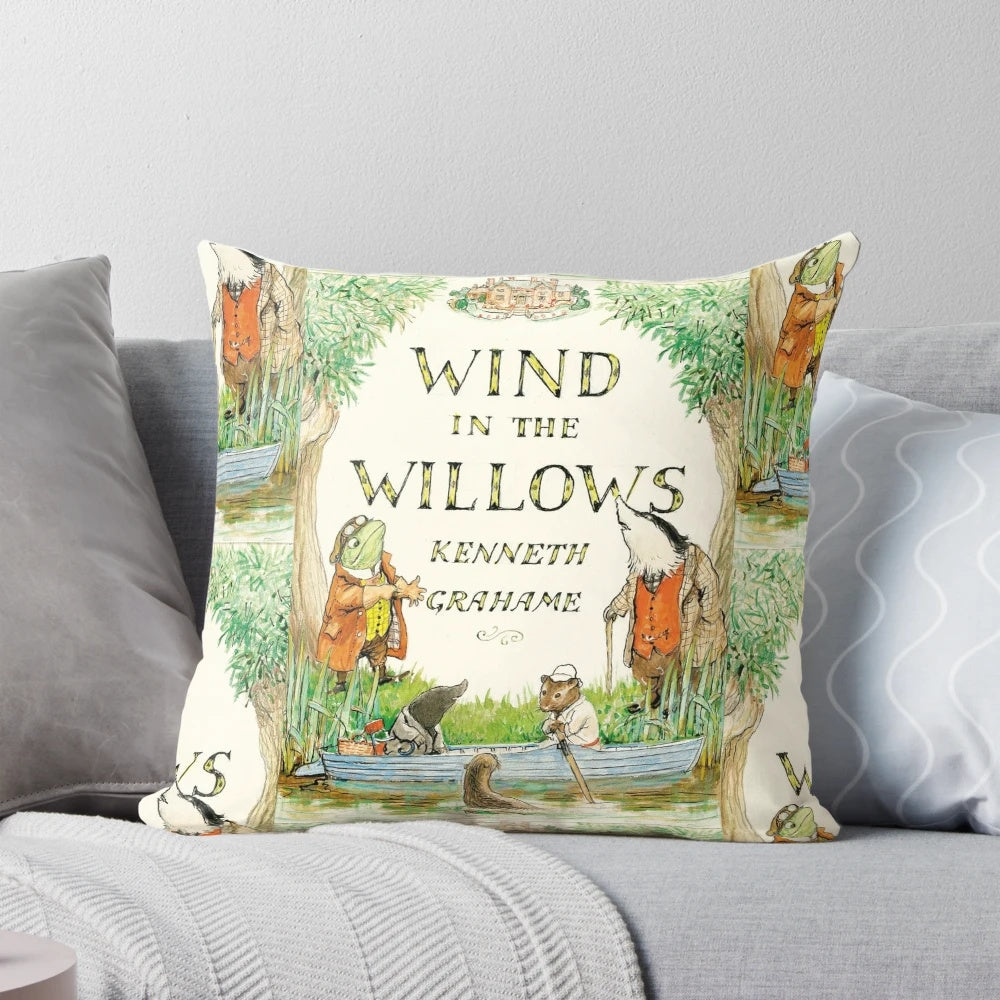 Vintage-inspired decorative pillow featuring the classic book cover of "The Wind in the Willows" by Kenneth Grahame
