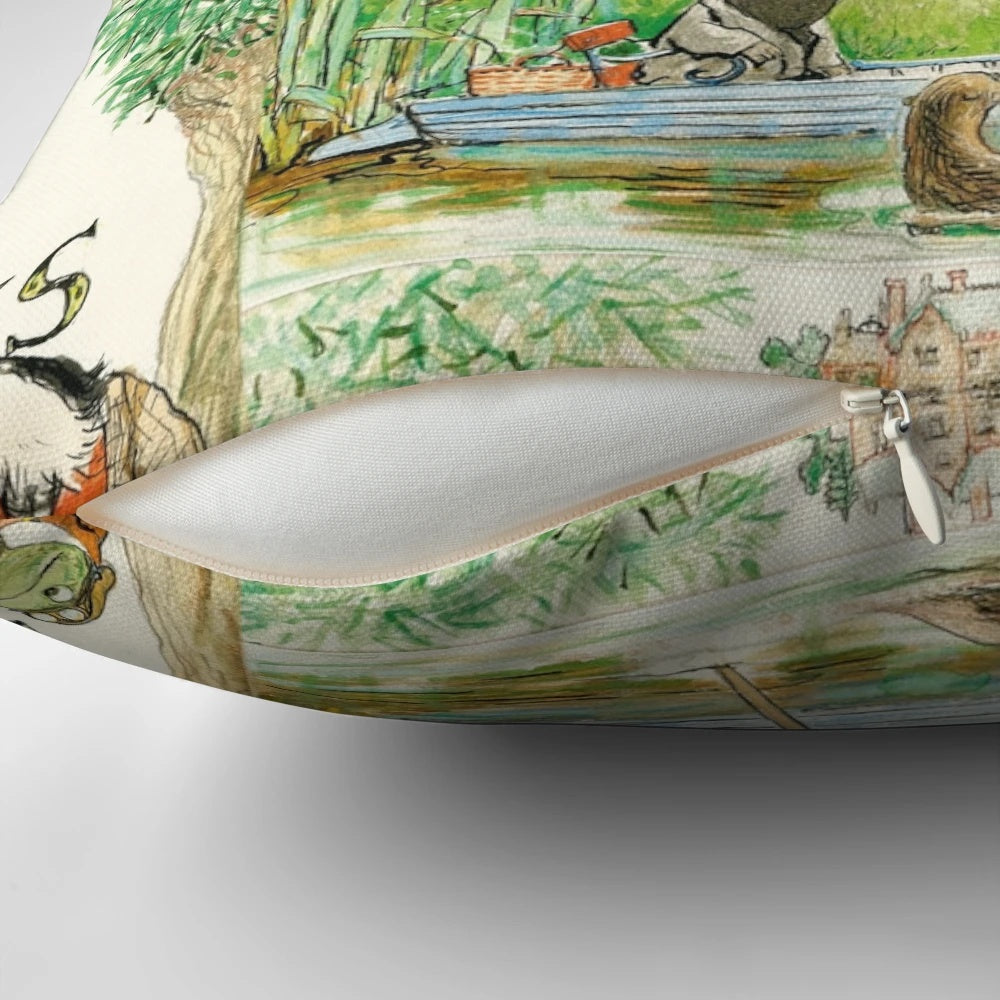 Vintage-inspired decorative pillow featuring the classic book cover of "The Wind in the Willows" by Kenneth Grahame