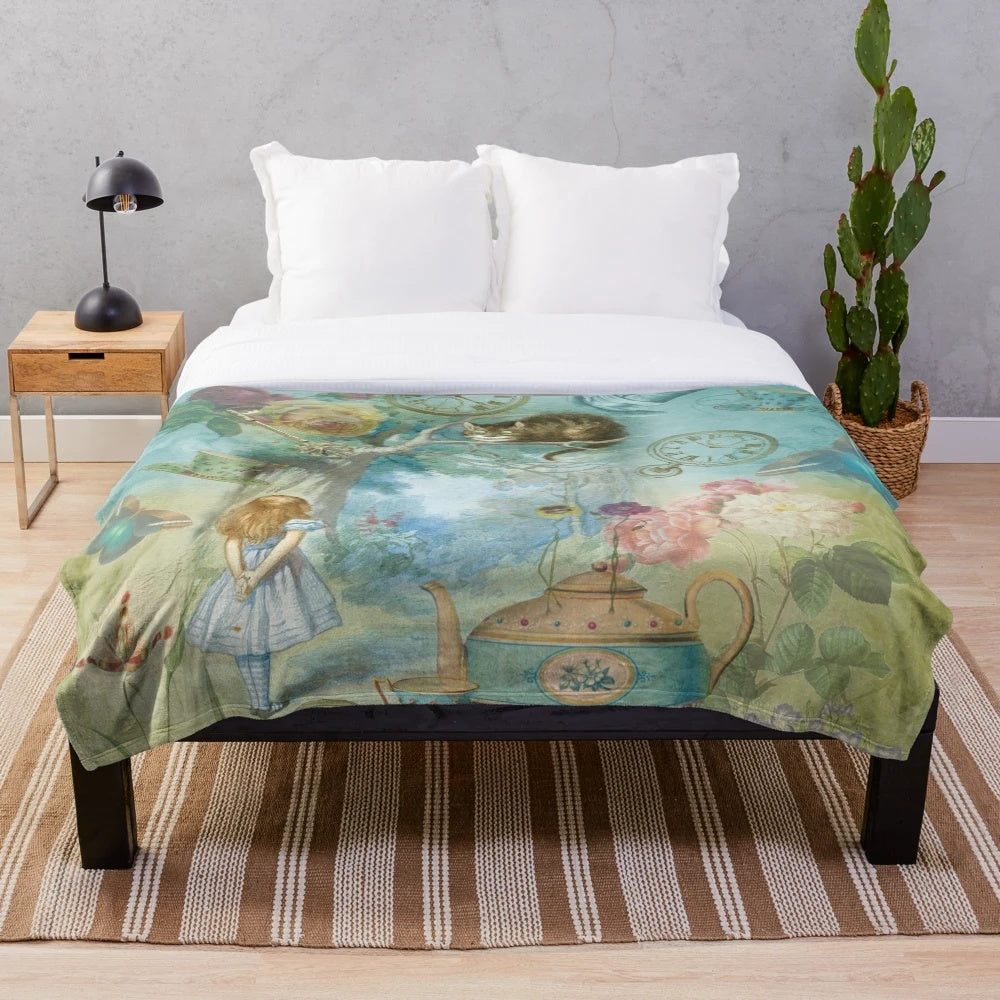 Vintage-inspired plush blanket featuring Alice in Wonderland inspired design