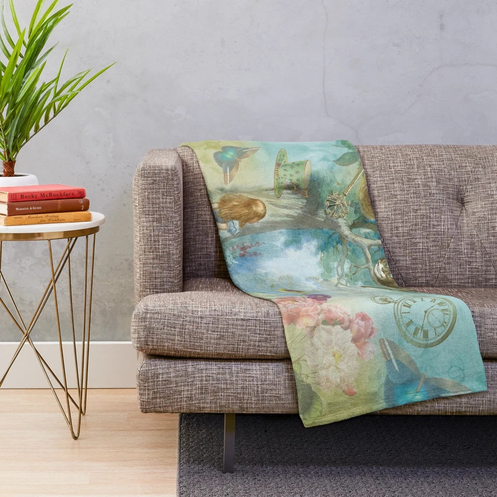 Vintage-inspired plush blanket featuring Alice in Wonderland inspired design
