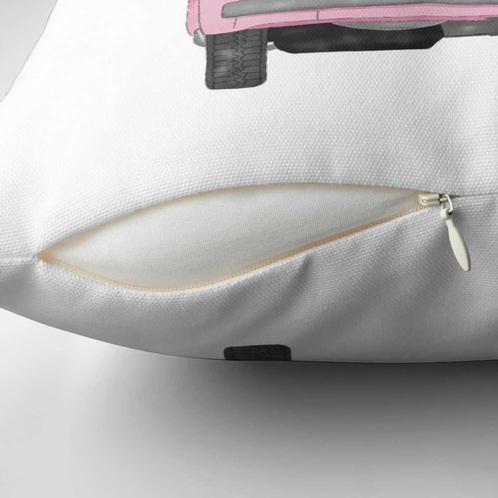 A pink Fiat 500 classic car illustrated with watercolor flowers on a decorative throw pillow.