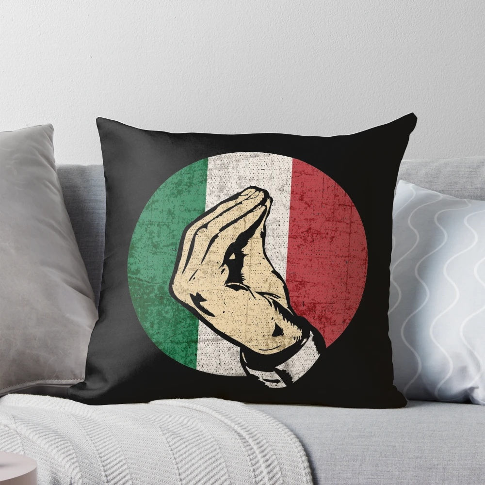 Vintage Italian hand gesture pillow featuring the Italian flag and Italy's love for football and soccer