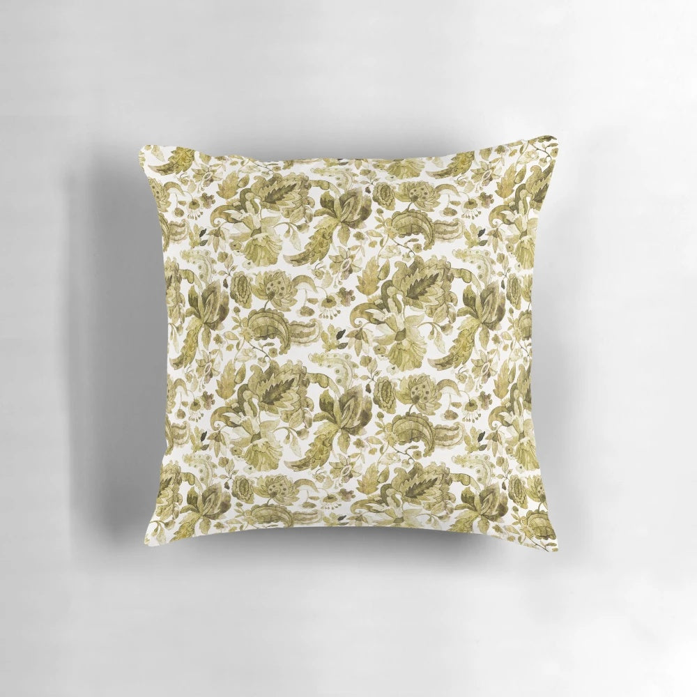 Vintage-inspired Jacobean floral watercolor pattern on a decorative throw pillow.