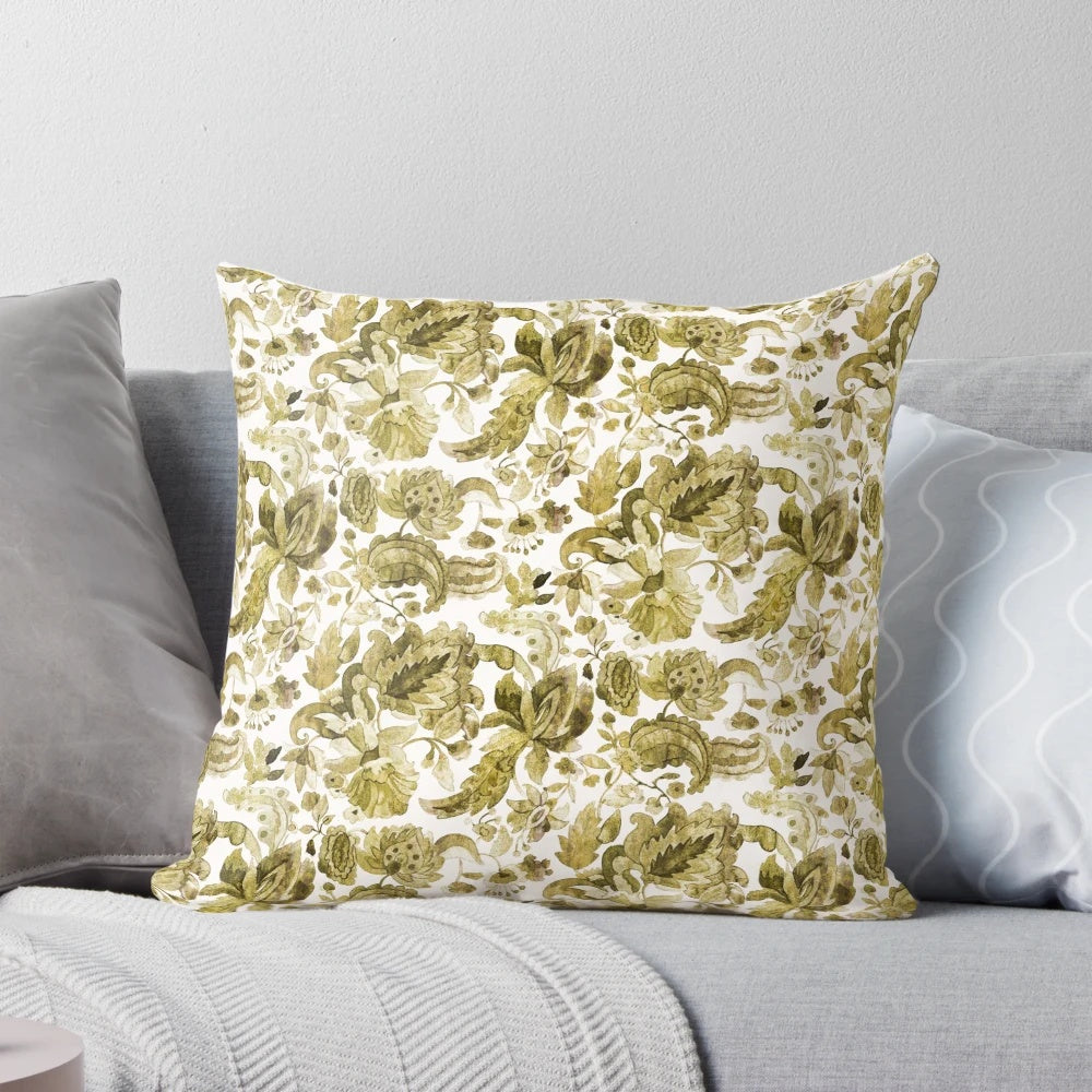 Vintage-inspired Jacobean floral watercolor pattern on a decorative throw pillow.