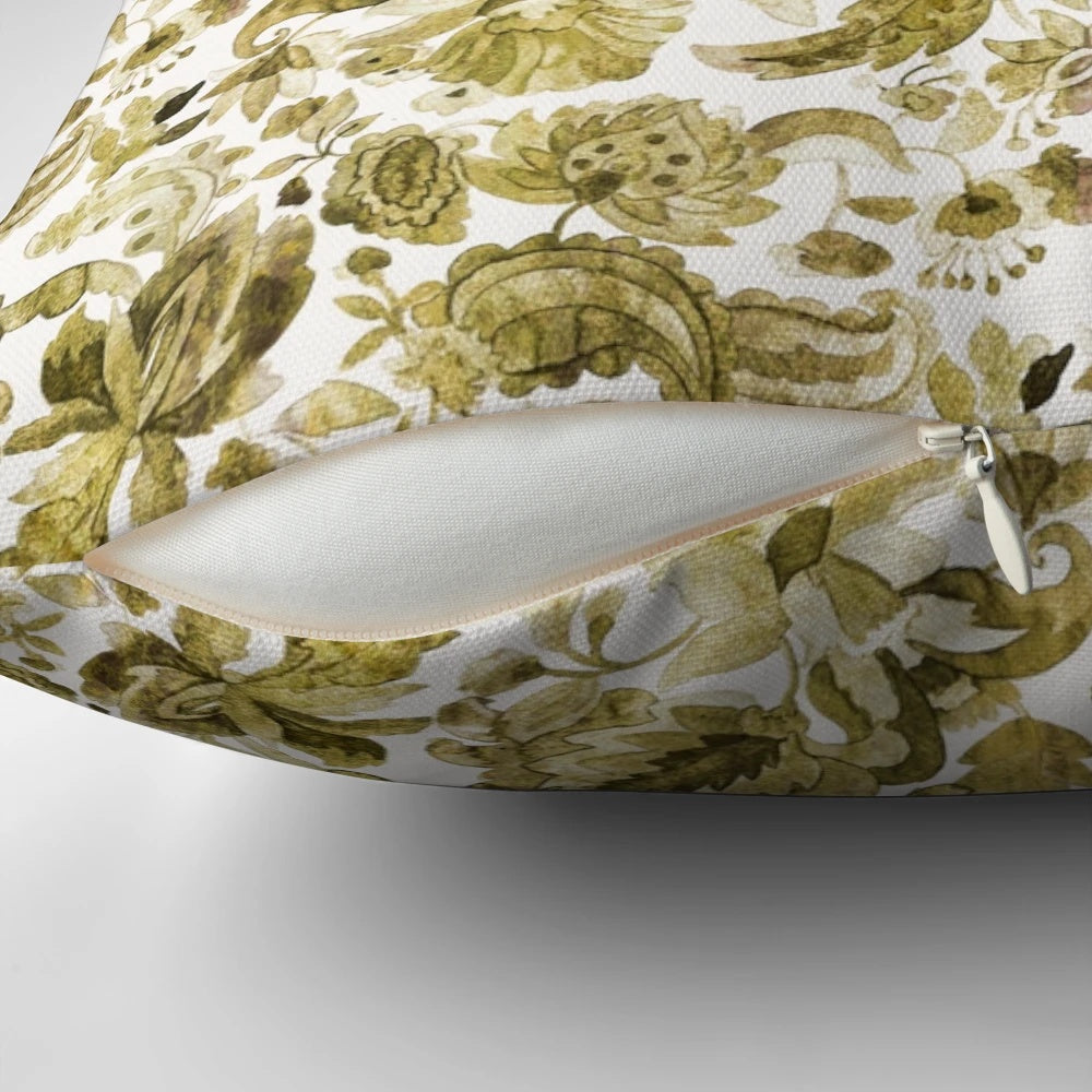 Vintage-inspired Jacobean floral watercolor pattern on a decorative throw pillow.