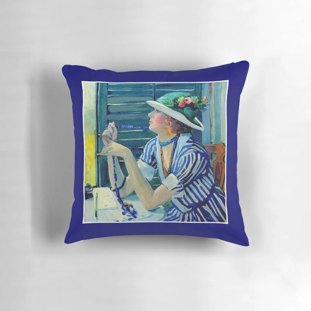 Vintage Jane Peterson oil painting print of a young woman with a floral hat and beaded necklace, featured on a decorative pillow.