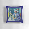 Vintage Jane Peterson oil painting print of a young woman with a floral hat and beaded necklace, featured on a decorative pillow.