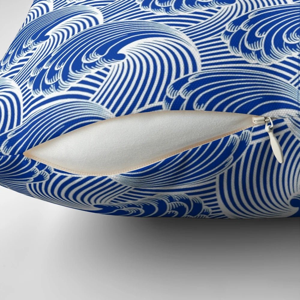 Vintage-inspired throw pillow featuring a stylized Japanese wave pattern in deep cobalt blue and white.
