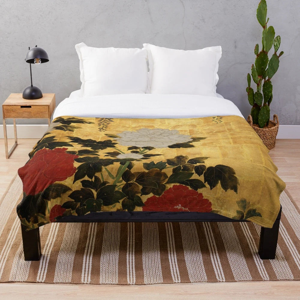 Vintage Japanese floral gold leaf screen plush blanket with wisteria and peonies