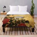 Vintage Japanese floral gold leaf screen plush blanket with wisteria and peonies
