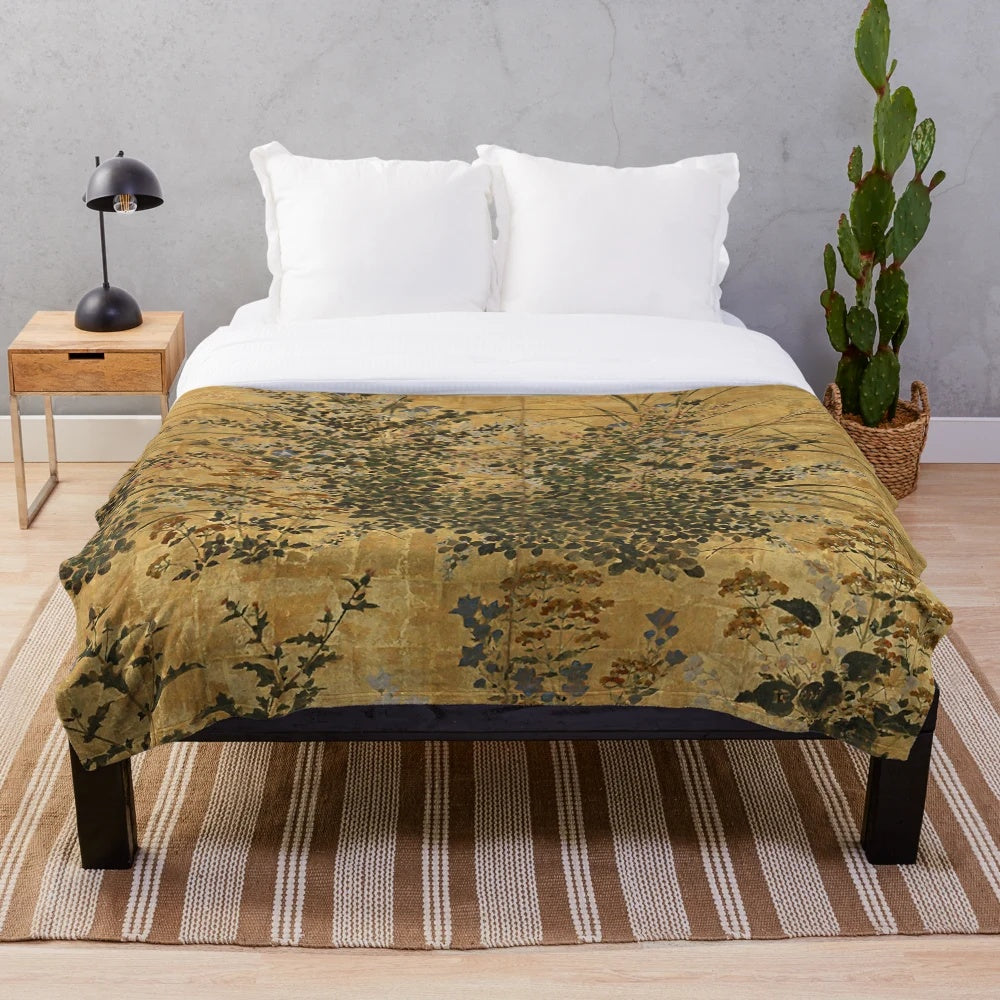 Vintage Japanese floral gold leaf screen inspired plush blanket with morning glory pattern