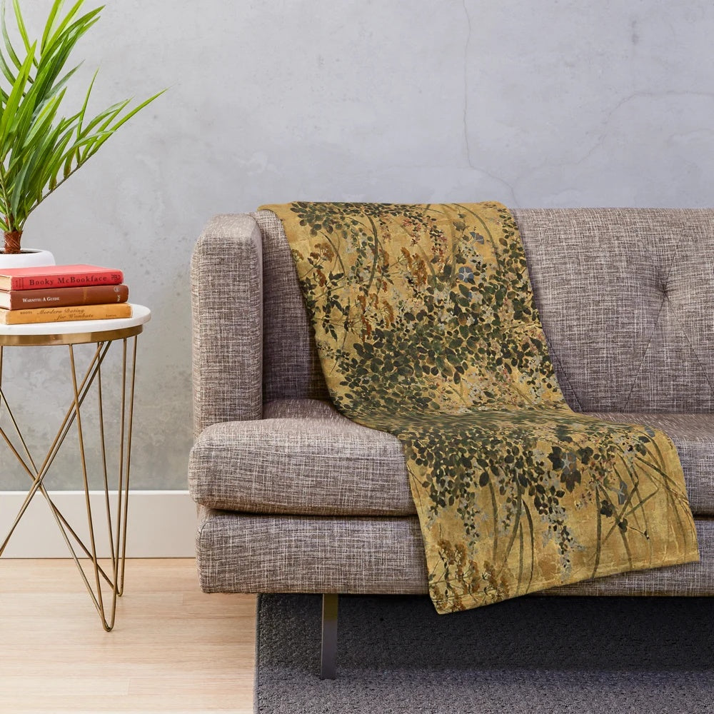 Vintage Japanese floral gold leaf screen inspired plush blanket with morning glory pattern