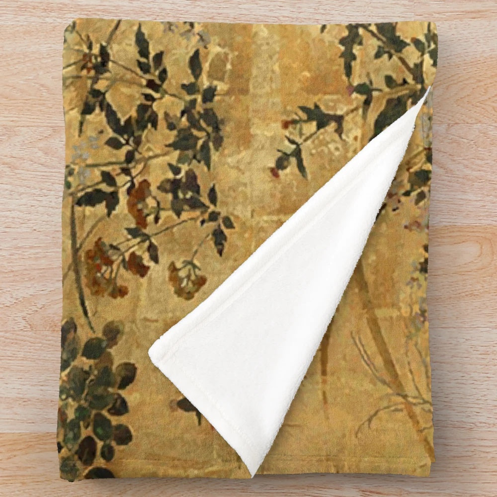Vintage Japanese floral gold leaf screen inspired plush blanket with morning glory pattern