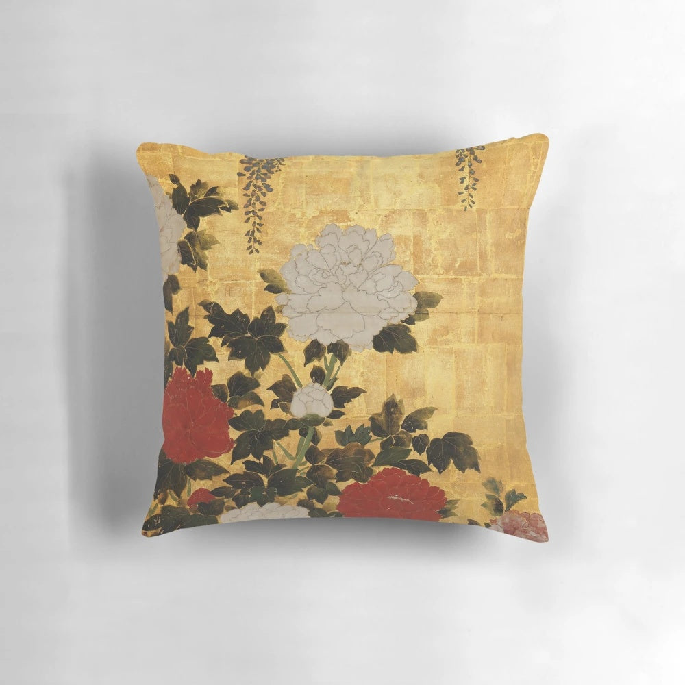 Vintage Japanese floral gold leaf screen pillow featuring wisteria and peonies