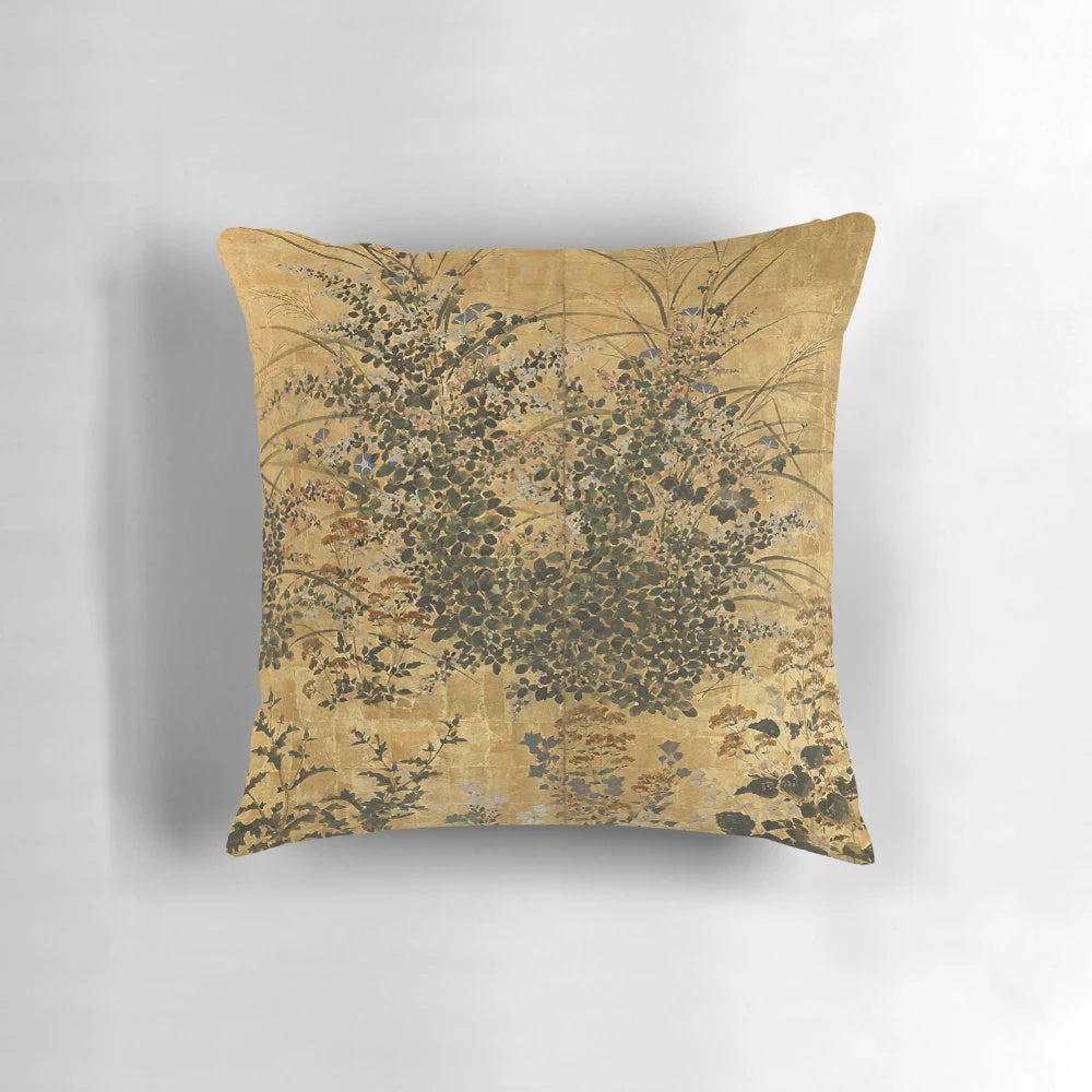 Vintage Japanese floral gold leaf screen with morning glory pattern on pillow
