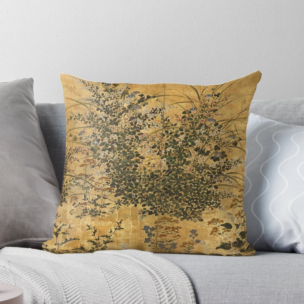 Vintage Japanese floral gold leaf screen with morning glory pattern on pillow