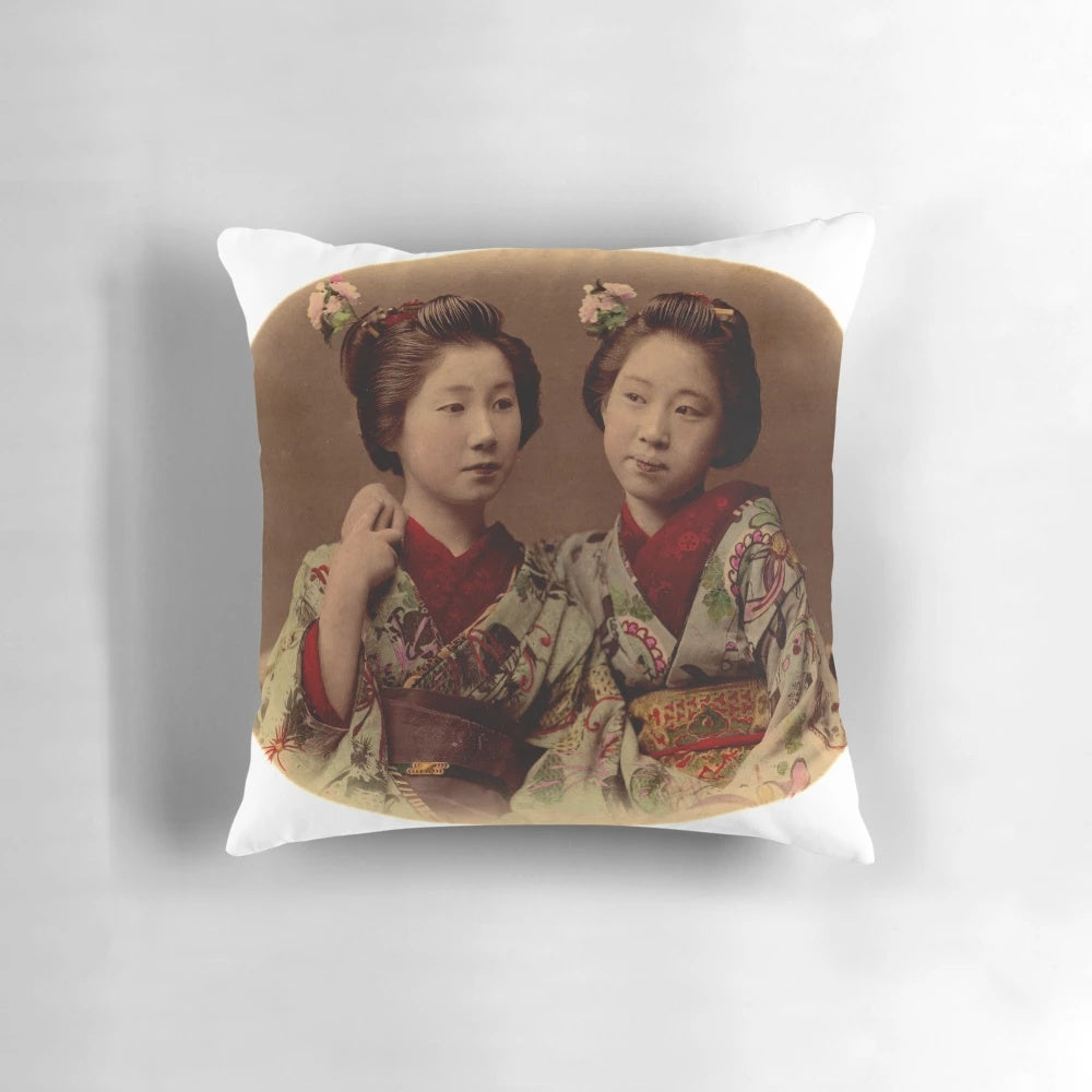 Vintage Japanese girls wearing traditional kimono on a decorative throw pillow