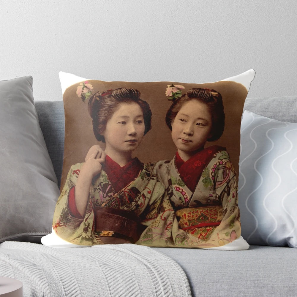 Vintage Japanese girls wearing traditional kimono on a decorative throw pillow