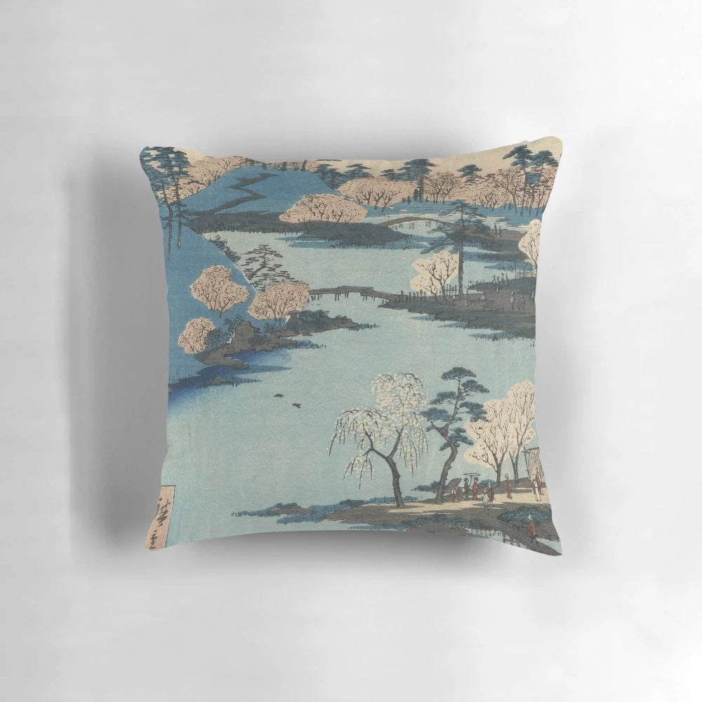 Vintage Japanese river landscape art printed on a soft, plush pillow