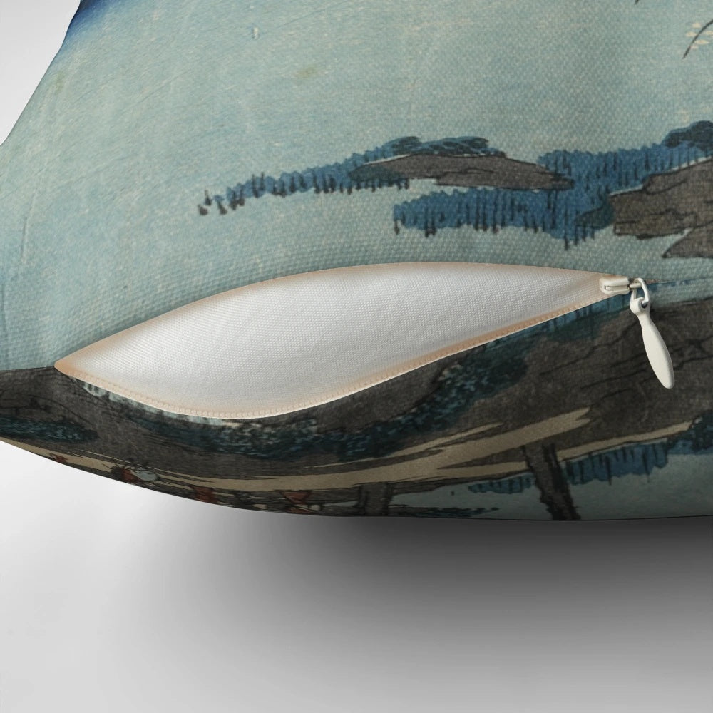 Vintage Japanese river landscape art printed on a soft, plush pillow