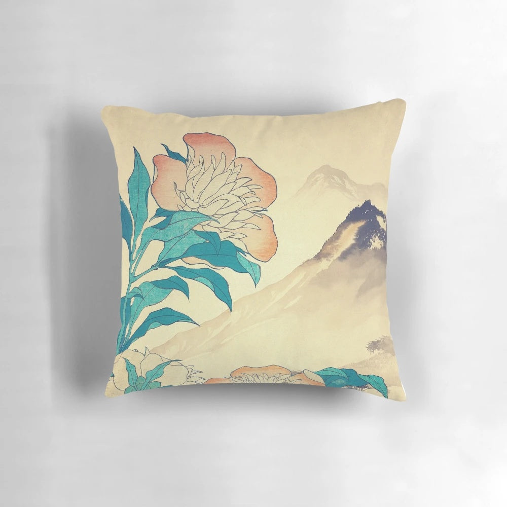 Mutual Admiration in Dana - Nature Landscape Pillow with Japanese Floral and Mountain Scenery