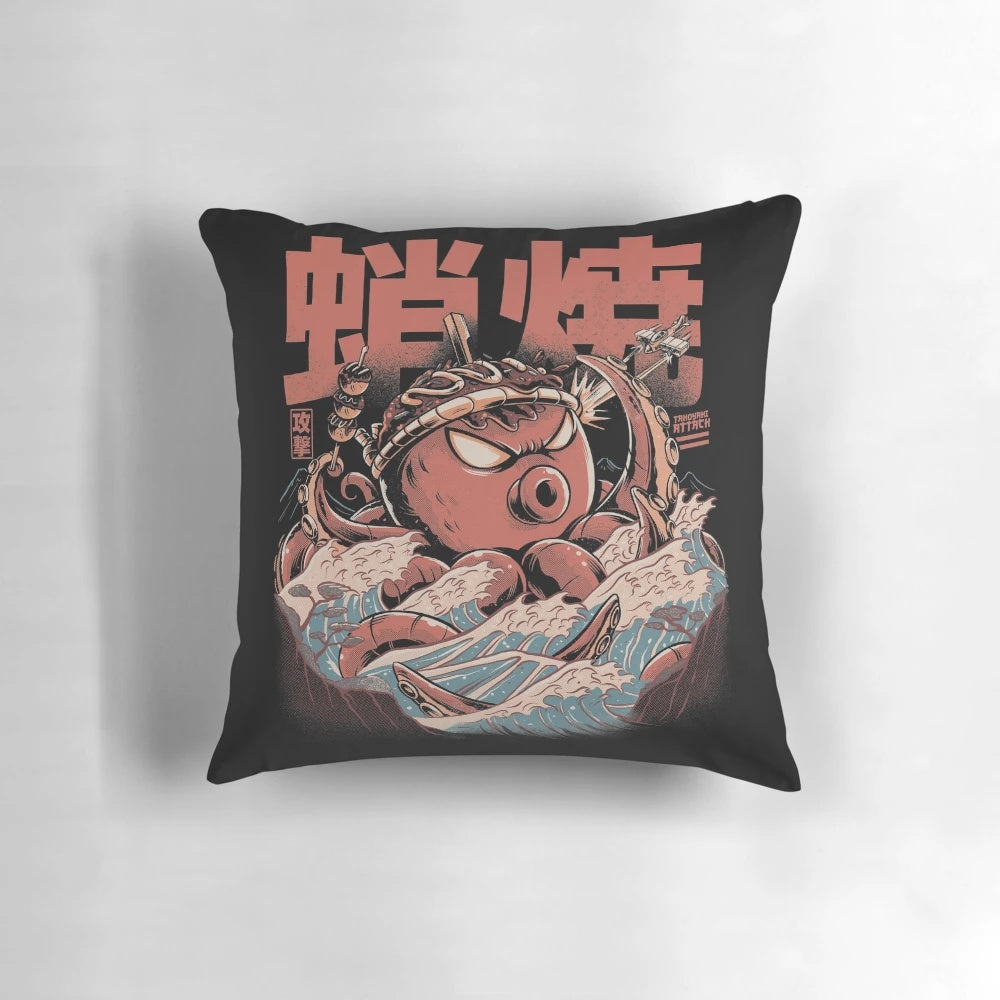 Vintage Japanese octopus pillow with retro kaiju wave illustration