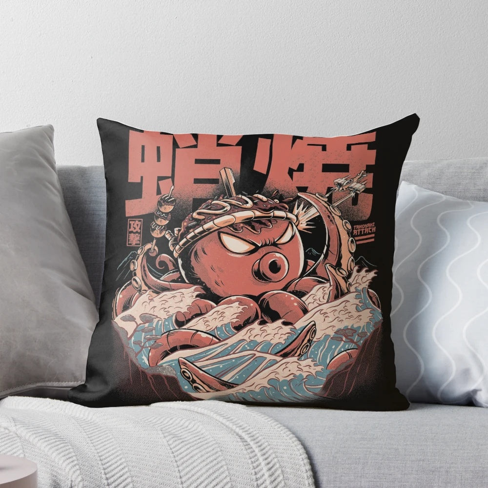 Vintage Japanese octopus pillow with retro kaiju wave illustration