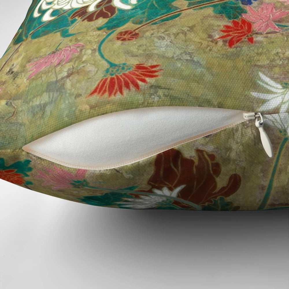 Vintage Japanese-style painting of colorful flowers on a decorative throw pillow.