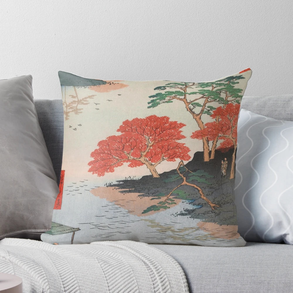 Vintage Japanese Ukiyo-e art pillow featuring an autumn landscape scene of Akiba Shrine with maple trees.