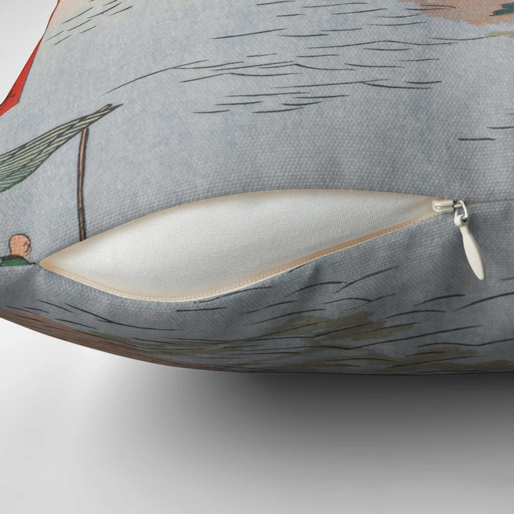 Vintage Japanese Ukiyo-e art pillow featuring an autumn landscape scene of Akiba Shrine with maple trees.