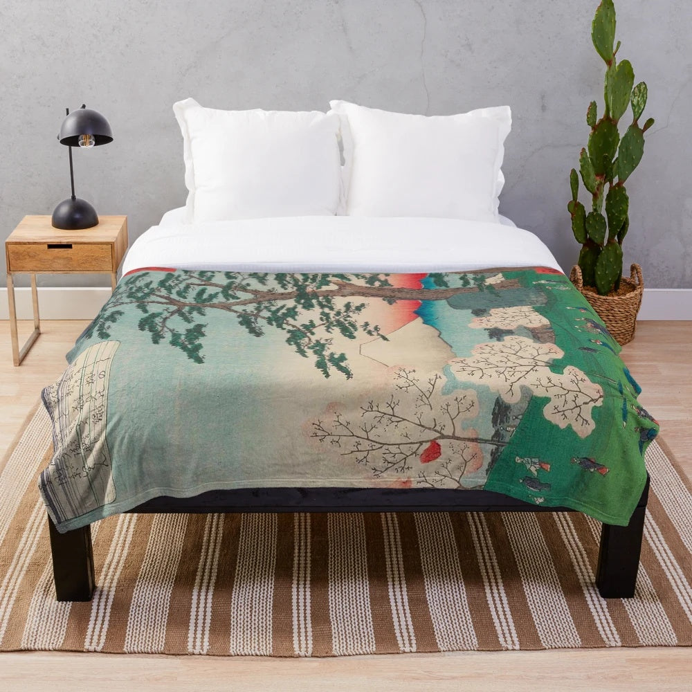 Vintage Japanese ukiyo-e inspired plush blanket with woodblock print design
