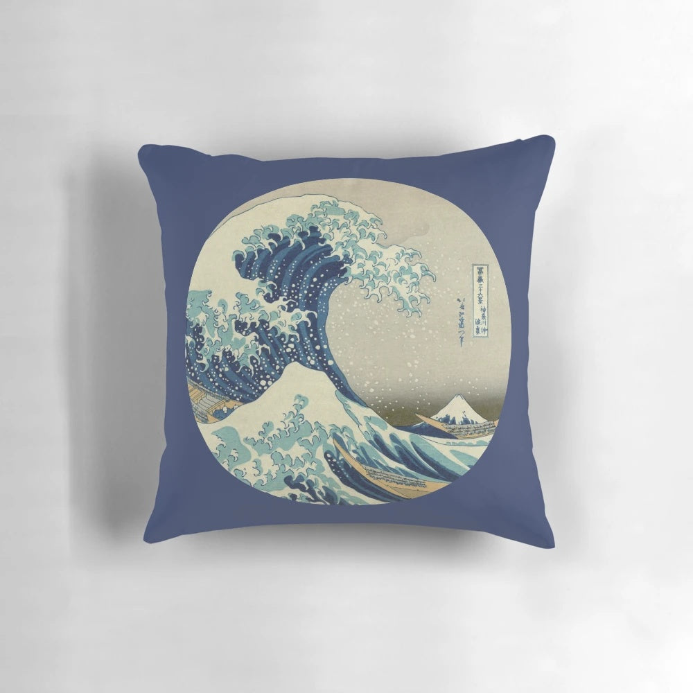 Vintage Japanese 'Great Wave off Kanagawa' circle pillow with retro, antique design