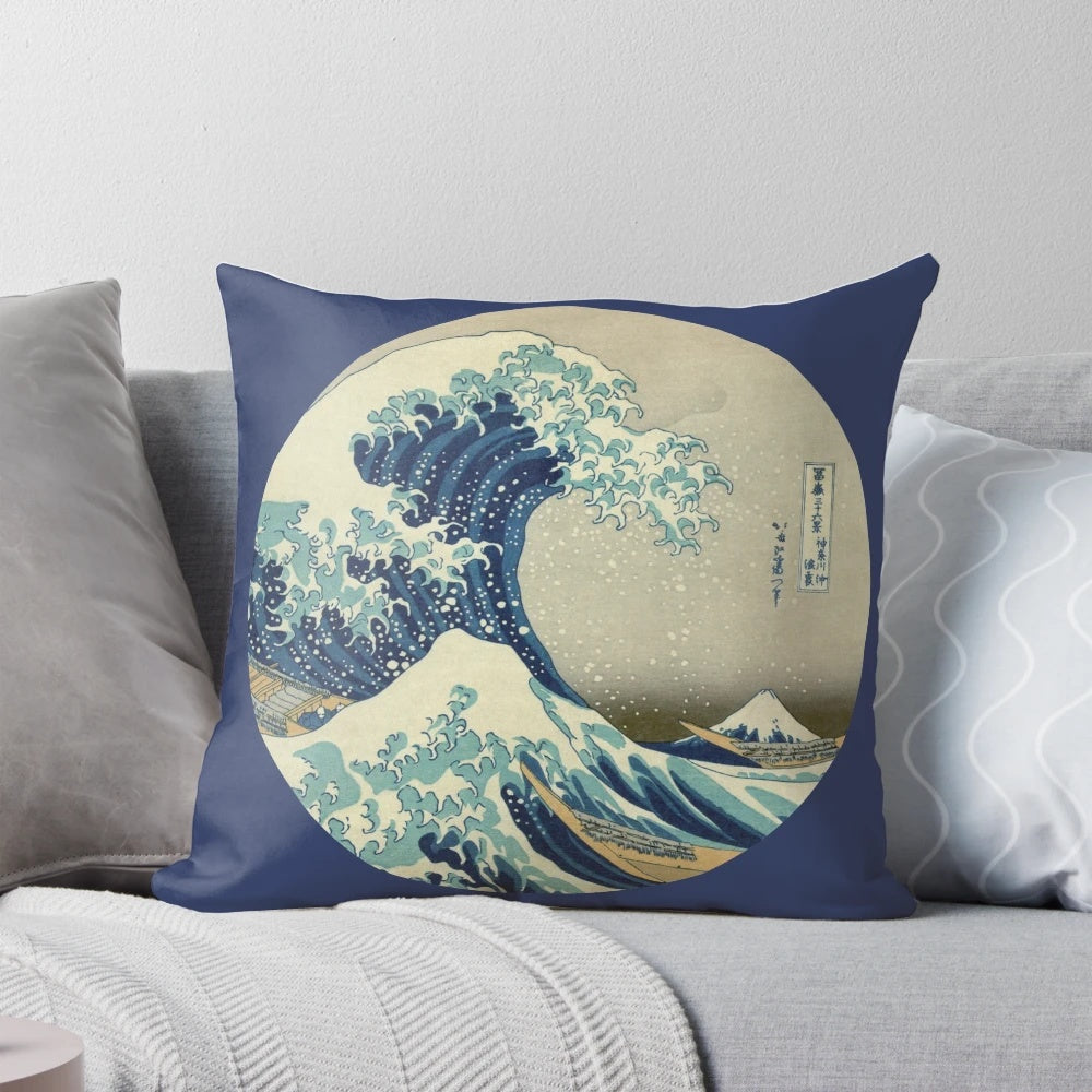 Vintage Japanese 'Great Wave off Kanagawa' circle pillow with retro, antique design