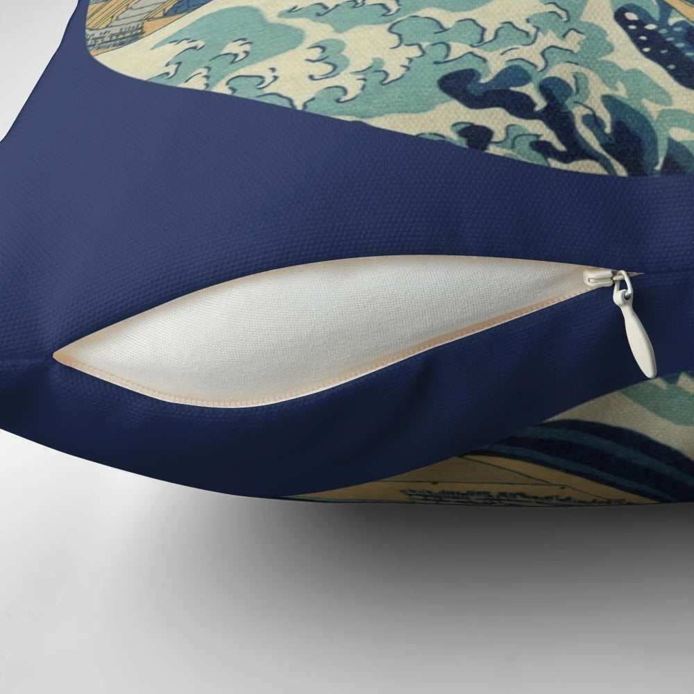 Vintage Japanese 'Great Wave off Kanagawa' circle pillow with retro, antique design