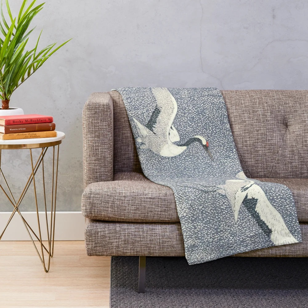 Vintage Japanese Woodblock Art Plush Blanket Featuring a Red Crowned Crane