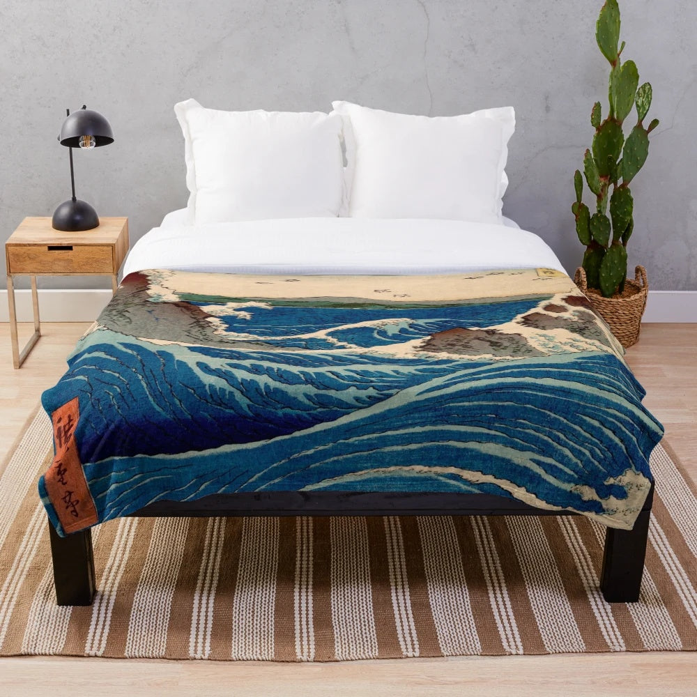 Vintage Japanese woodblock print inspired plush blanket with east asian cultural art design