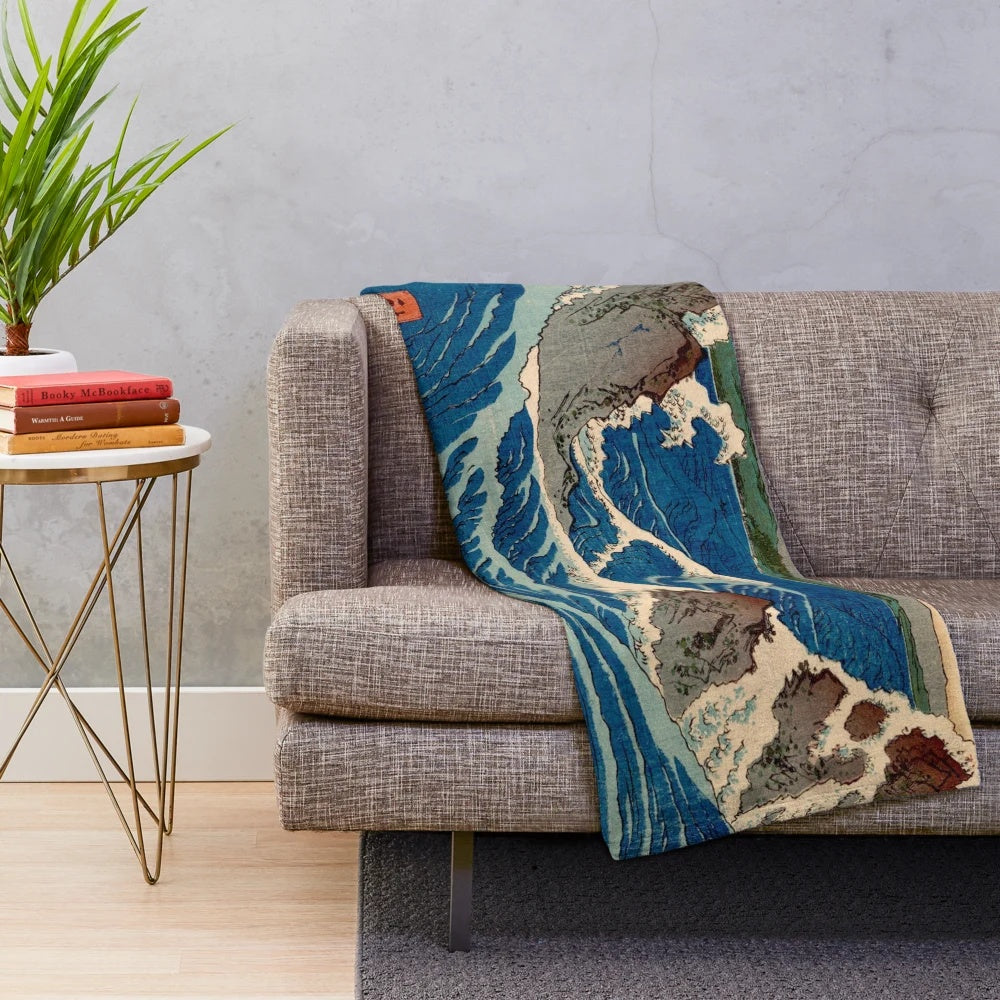 Vintage Japanese woodblock print inspired plush blanket with east asian cultural art design
