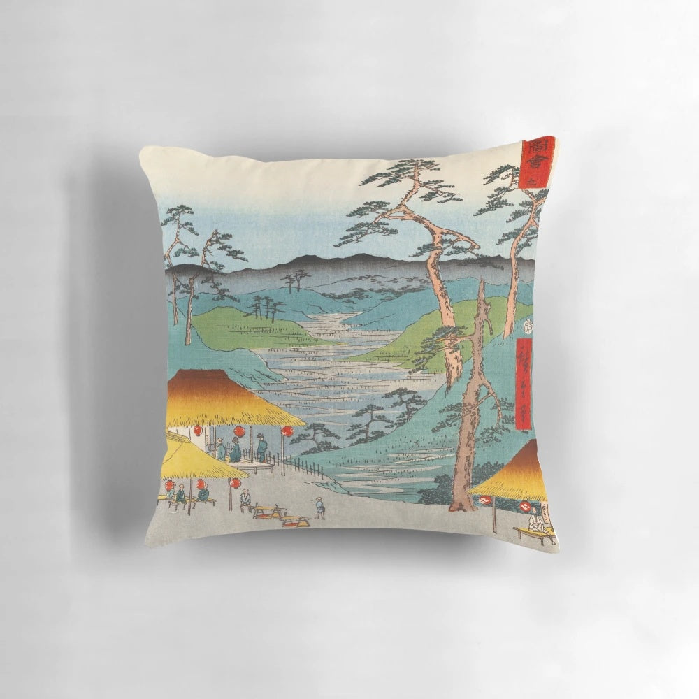 Vintage Japanese woodblock print 'Hodogaya' by renowned artist Hiroshige, featured on a decorative pillow showcasing traditional East Asian culture.