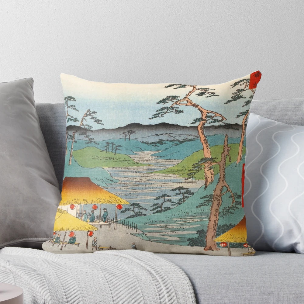 Vintage Japanese woodblock print 'Hodogaya' by renowned artist Hiroshige, featured on a decorative pillow showcasing traditional East Asian culture.