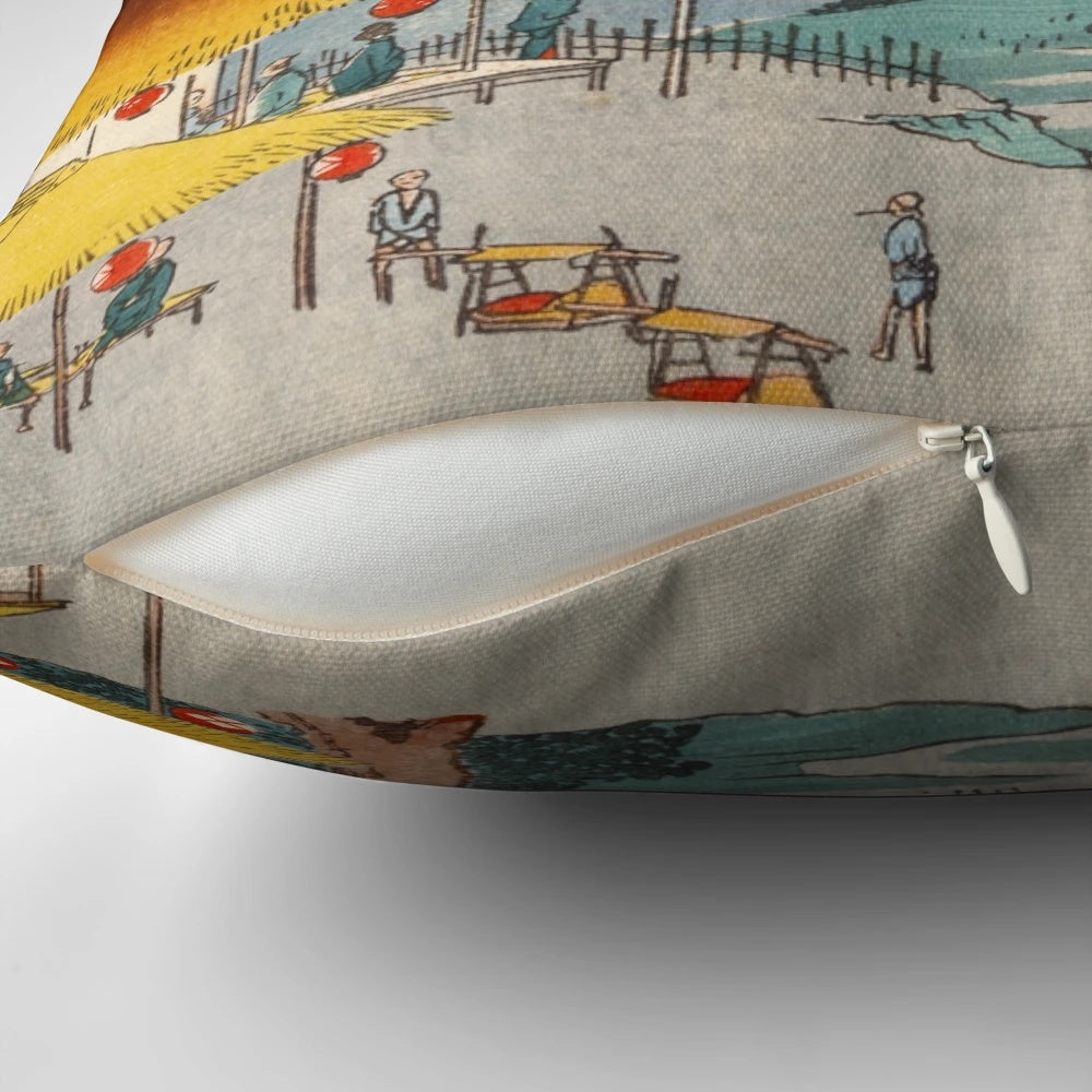 Vintage Japanese woodblock print 'Hodogaya' by renowned artist Hiroshige, featured on a decorative pillow showcasing traditional East Asian culture.