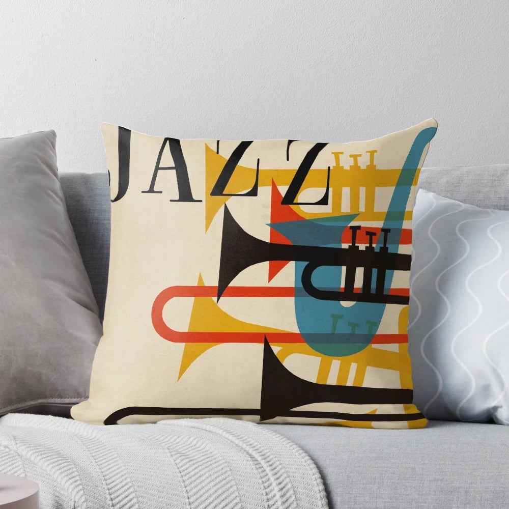 Vintage jazz pillow with retro saxophone and trumpet design