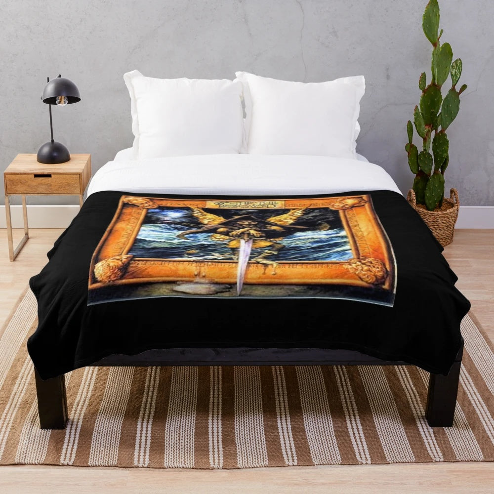 Vintage Jethro Tull inspired plush blanket featuring classic folk rock design