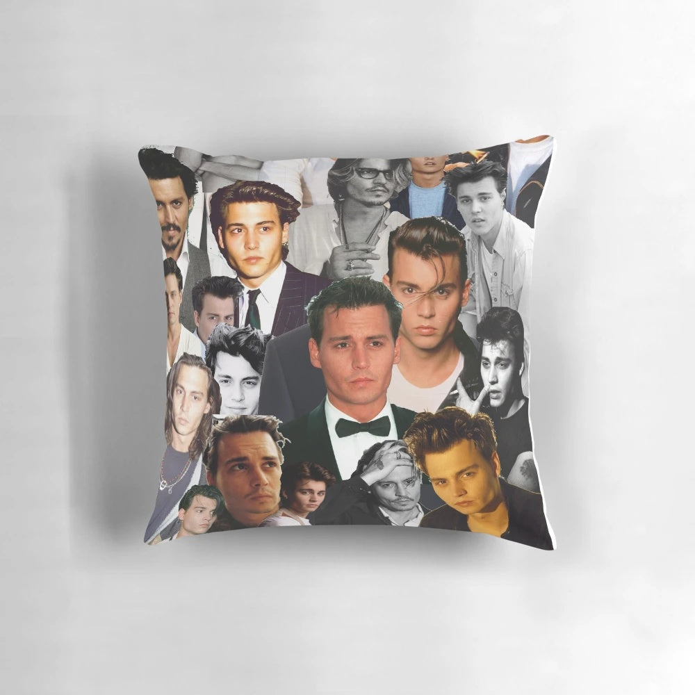 Vintage-style collage pillow featuring iconic images of actor Johnny Depp