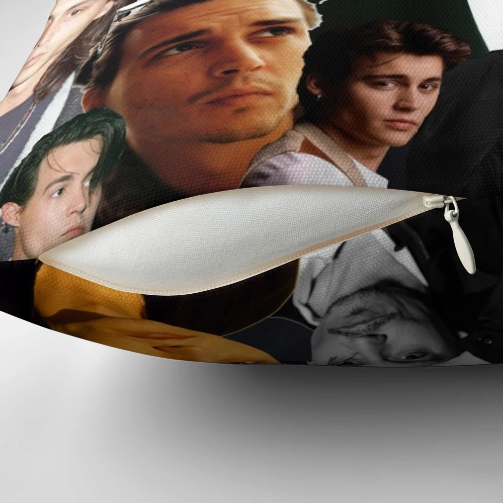 Vintage-style collage pillow featuring iconic images of actor Johnny Depp