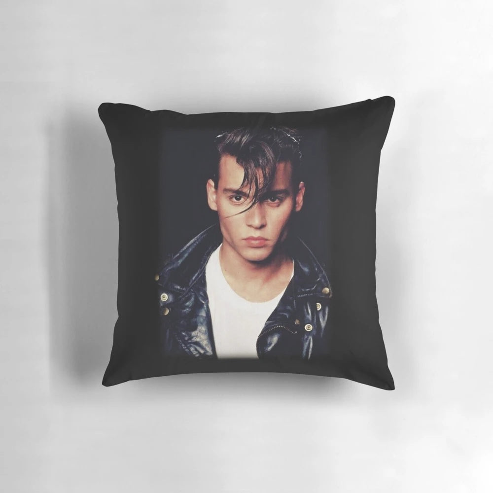 Vintage-style pillow featuring a young Johnny Depp, popular actor from the 80s and 90s