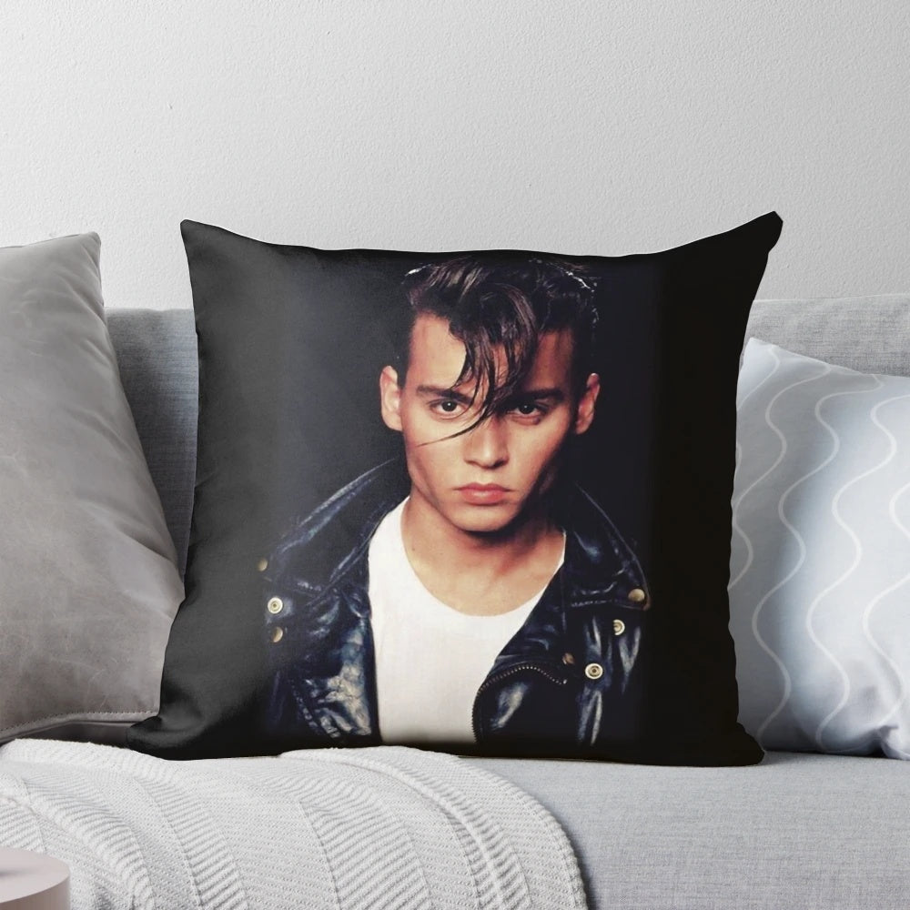 Vintage-style pillow featuring a young Johnny Depp, popular actor from the 80s and 90s