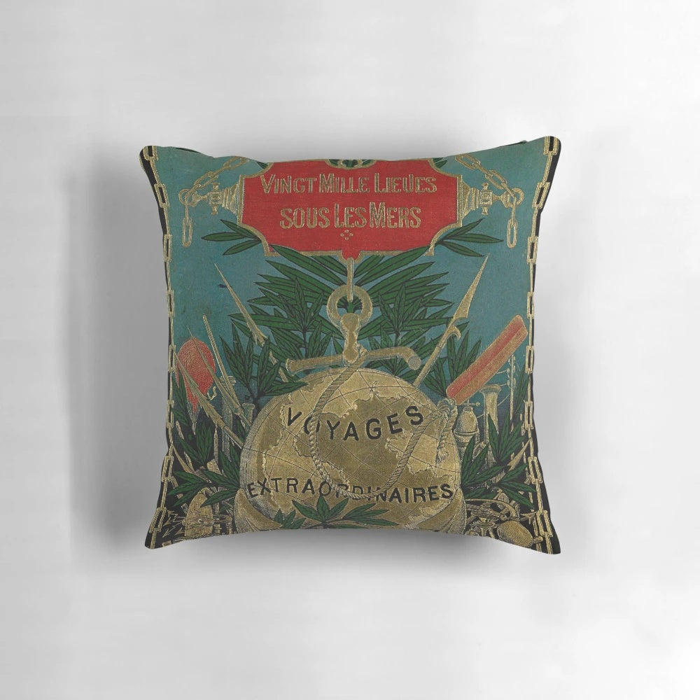 Jules Verne Extraordinary Voyages Pillow, featuring classic science fiction book cover art