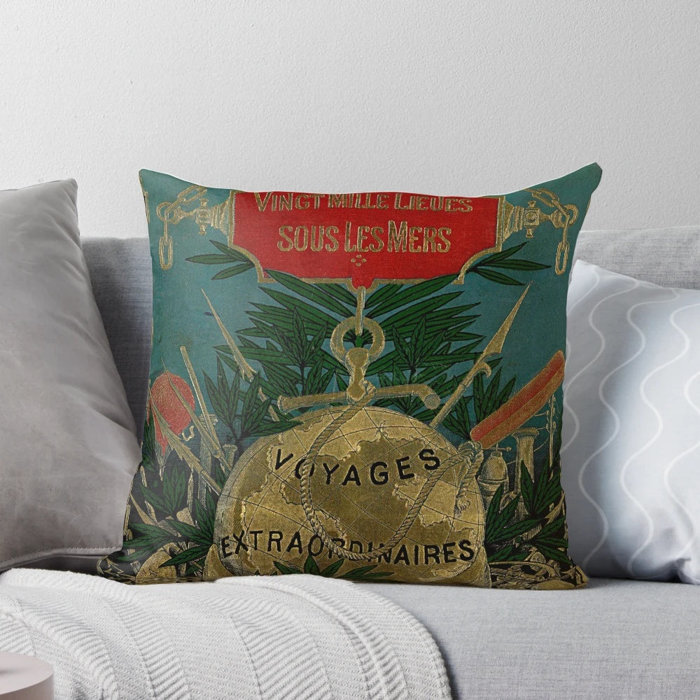 Jules Verne Extraordinary Voyages Pillow, featuring classic science fiction book cover art