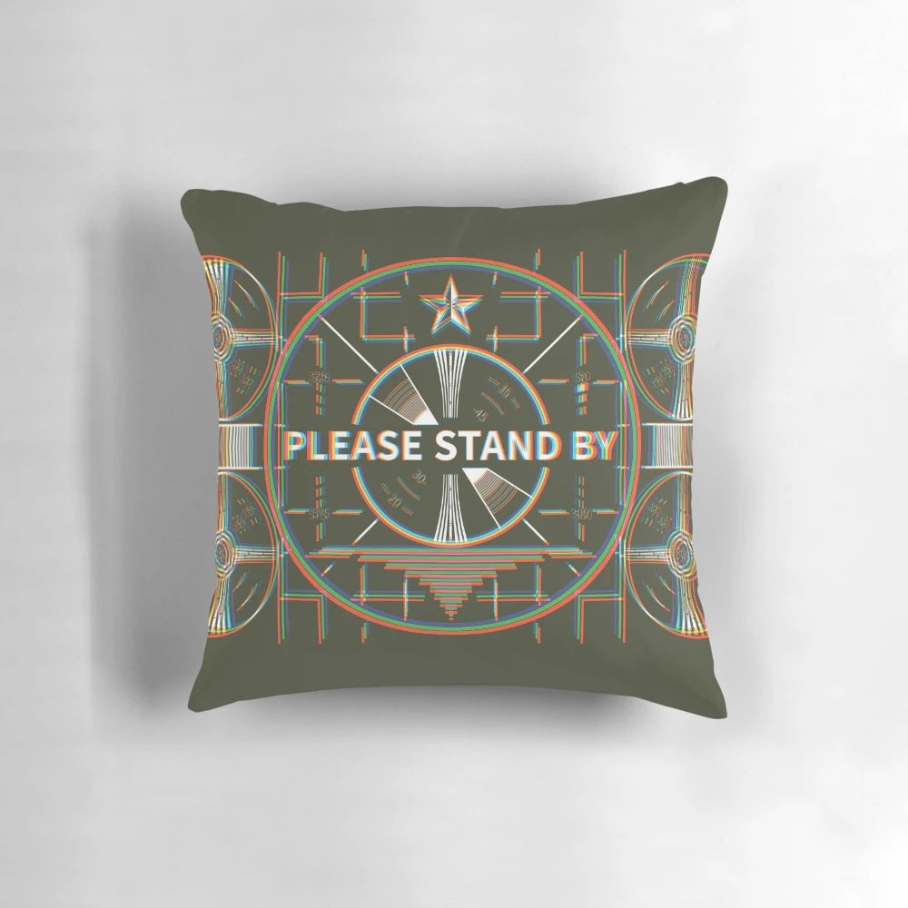 Vintage-style kaleidoscope pattern pillow with retro TV static and "Please Stand By" design for a nostalgic, nerdy touch.