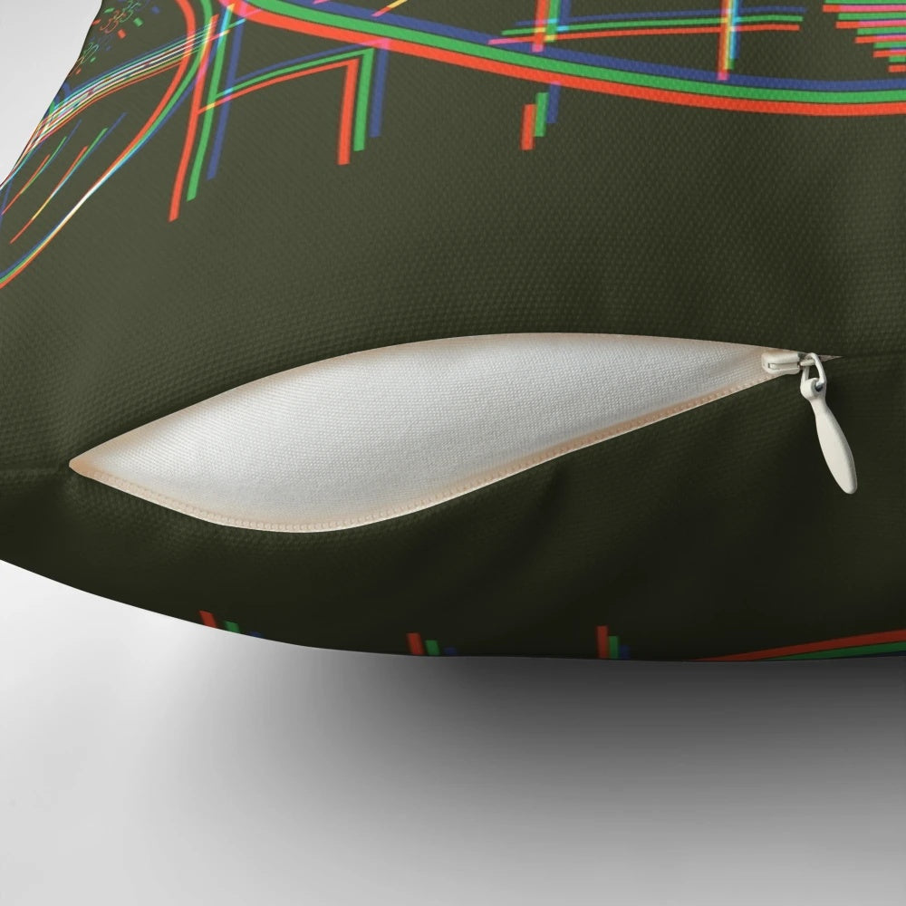 Vintage-style kaleidoscope pattern pillow with retro TV static and "Please Stand By" design for a nostalgic, nerdy touch.